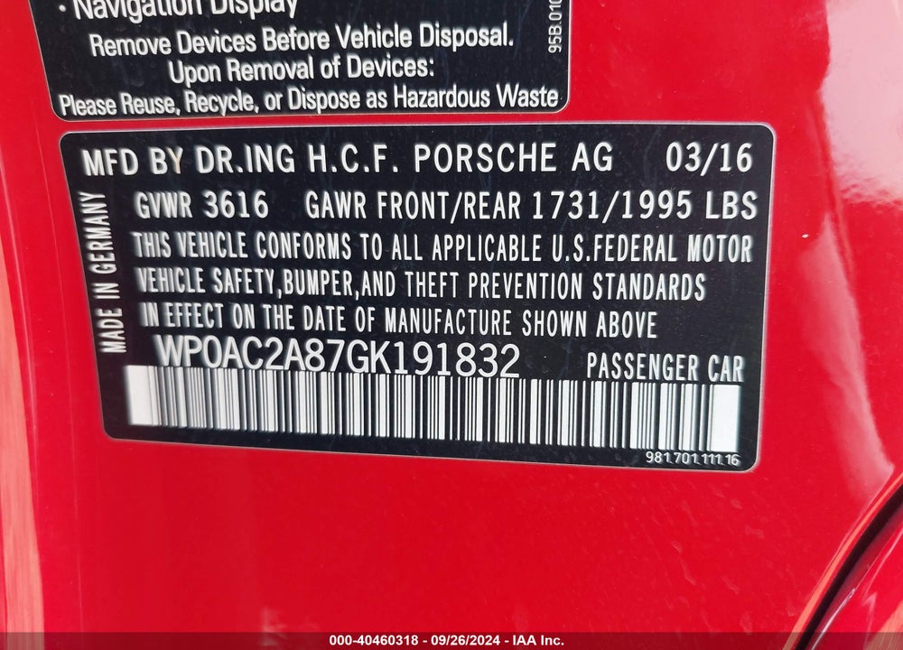 2016 PORSCHE CAYMAN GT4 VIN: WP0AC2A87GK191832