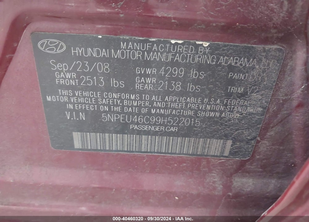 2009 HYUNDAI SONATA LIMITED VIN: 5NPEU46C99H522015