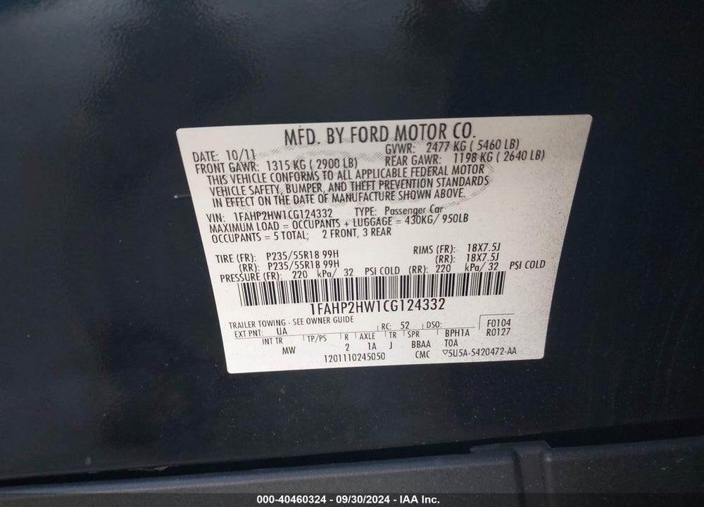 2012 FORD TAURUS SEL VIN: 1FAHP2HW1CG124332