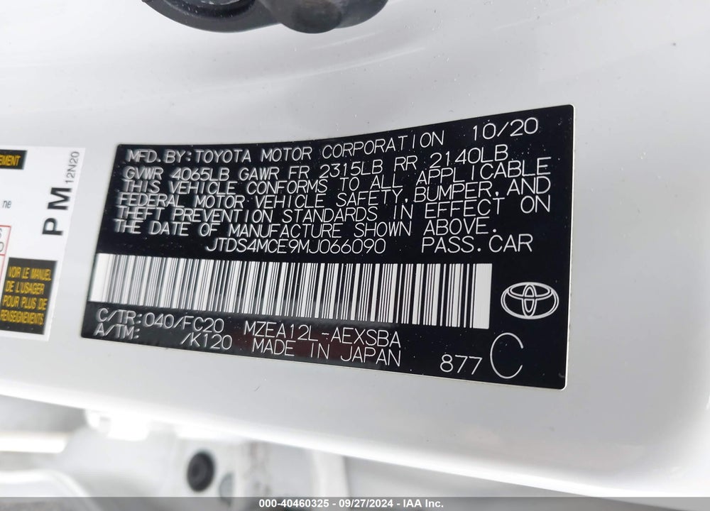 2021 TOYOTA COROLLA SE VIN: JTDS4MCE9MJ066090