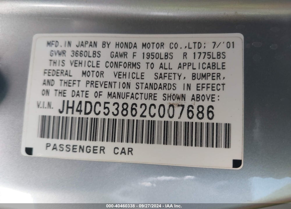 2002 ACURA RSX VIN: JH4DC53862C007686