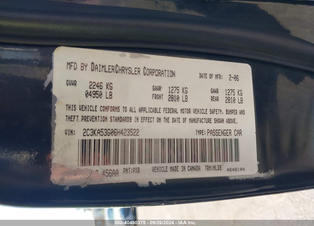 2006 CHRYSLER 300 TOURING VIN: 2C3KA53G06H423522