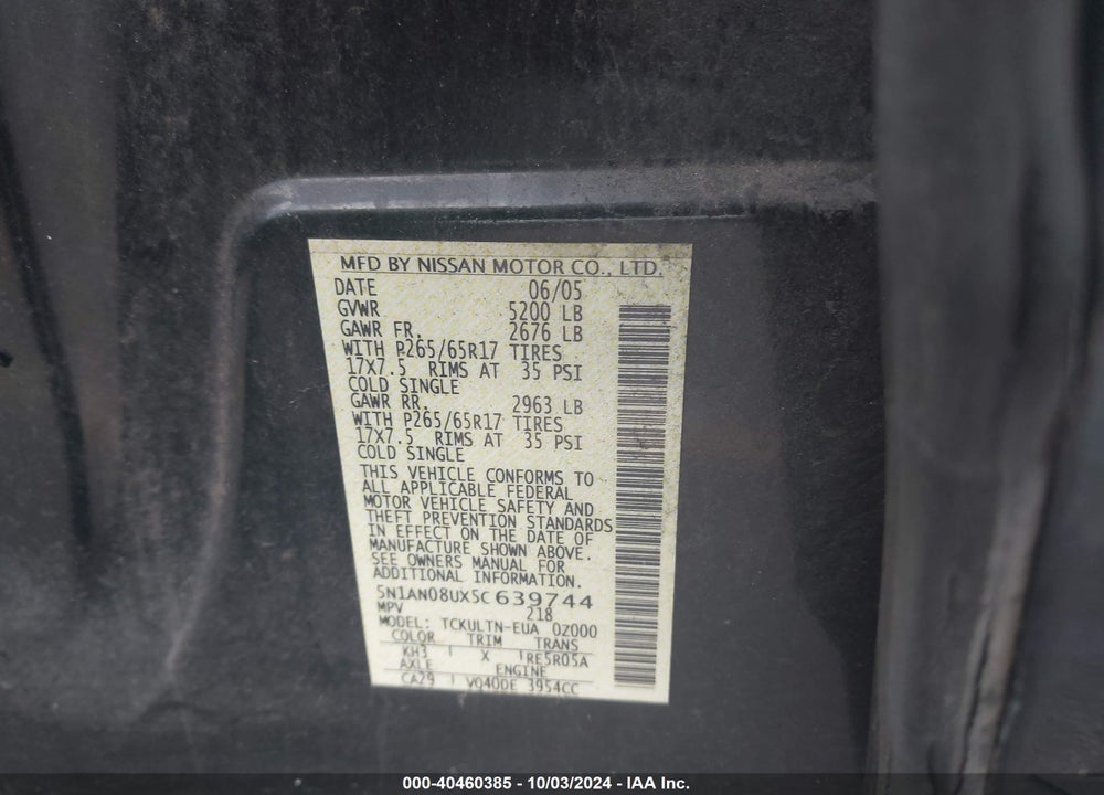 2005 NISSAN XTERRA SE VIN: 5N1AN08UX5C639744