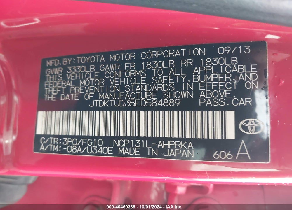 2014 TOYOTA YARIS LE (TMC/CBU PLANT) VIN: JTDKTUD35ED584889