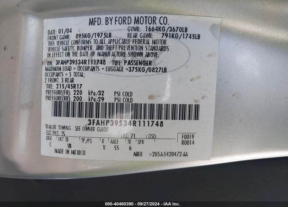 2004 FORD FOCUS ZX3 VIN: 3FAHP39534R111748