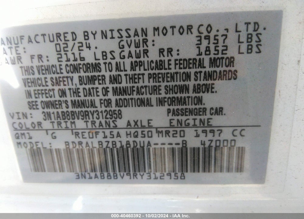 2024 NISSAN SENTRA S XTRONIC CVT VIN: 3N1AB8BV9RY312958