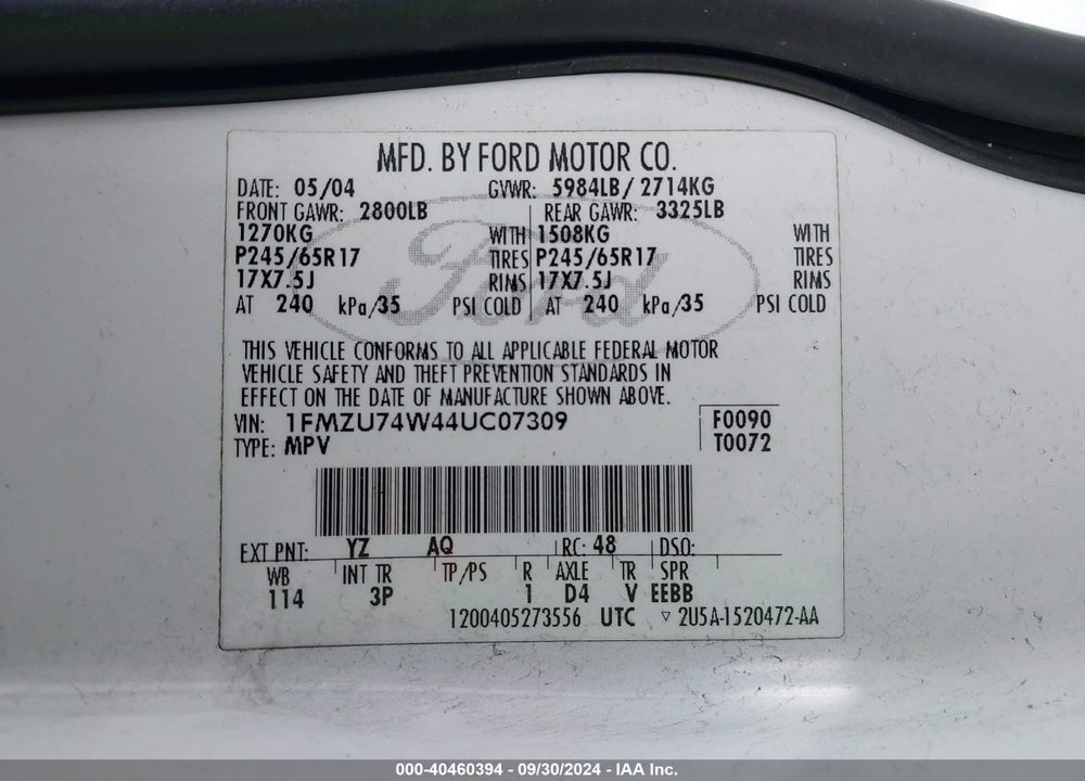 2004 FORD EXPLORER EDDIE BAUER VIN: 1FMZU74W44UC07309
