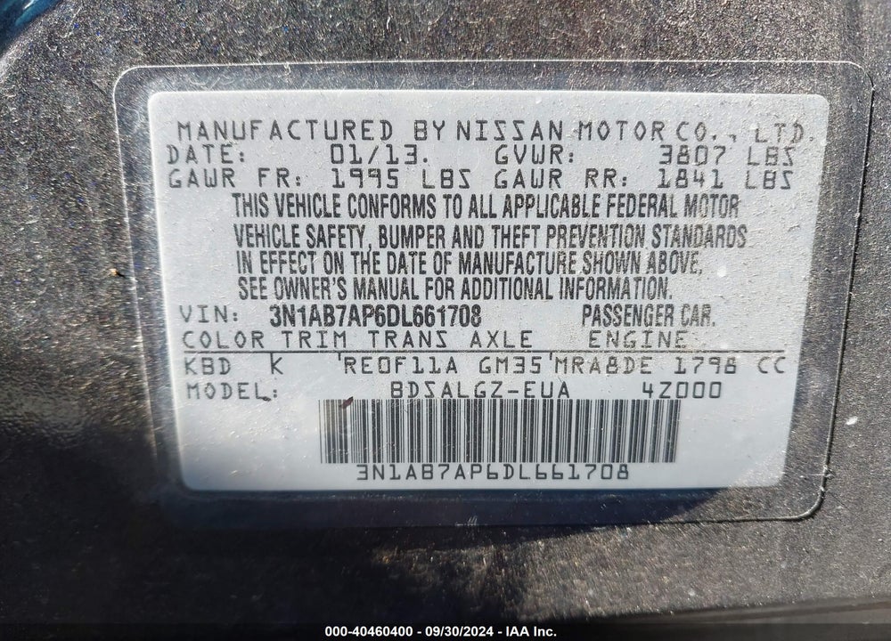 2013 NISSAN SENTRA SL VIN: 3N1AB7AP6DL661708
