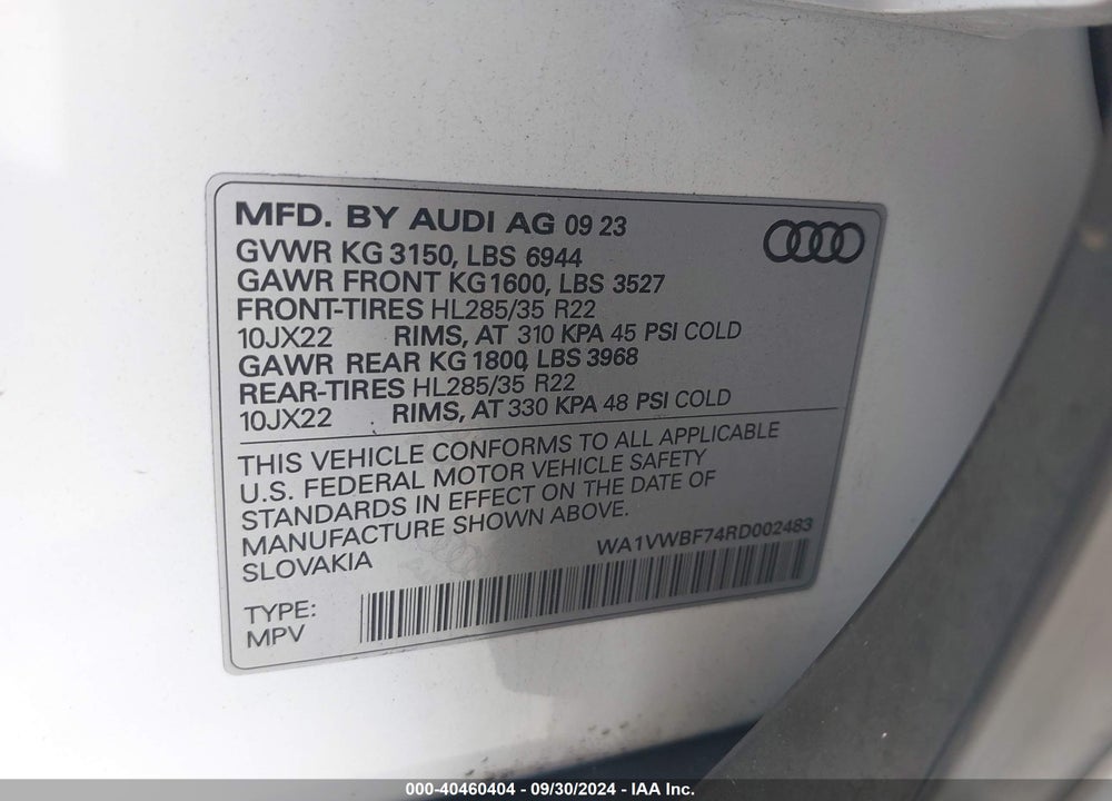 2024 AUDI SQ7 PRESTIGE TFSI QUATTRO TIPTRONIC VIN: WA1VWBF74RD002483