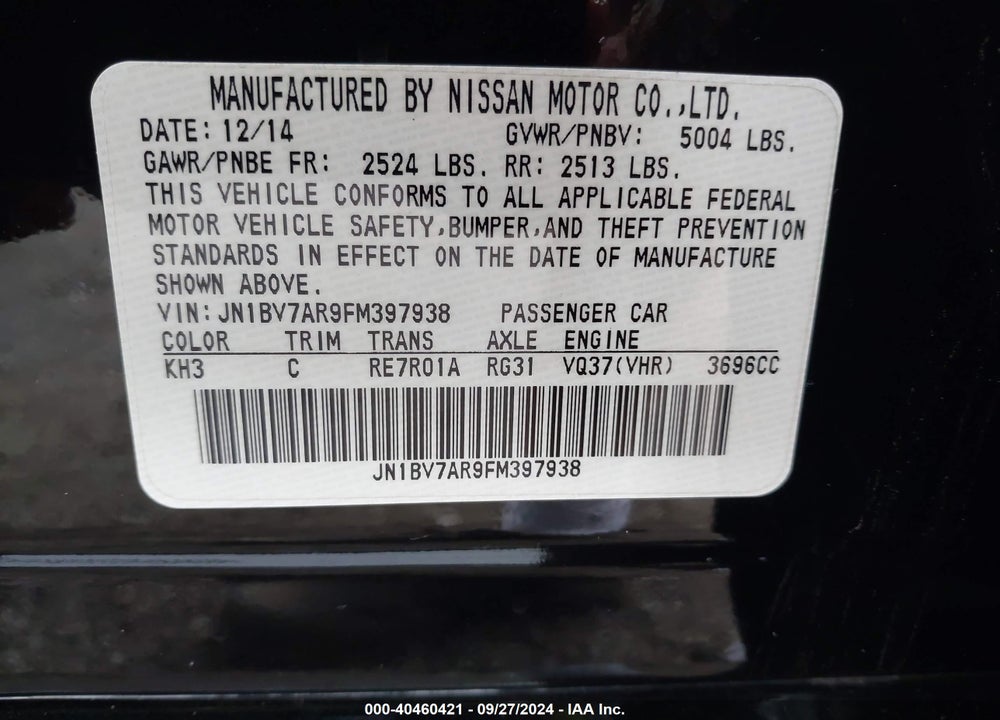 2015 INFINITI Q50 PREMIUM VIN: JN1BV7AR9FM397938