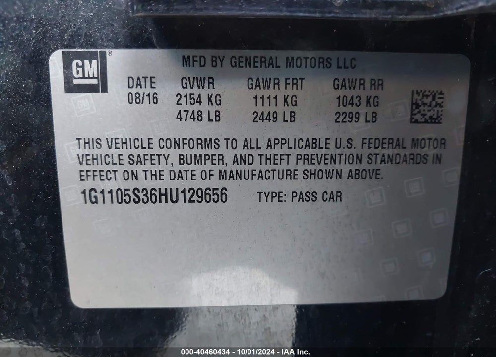 2017 CHEVROLET IMPALA 1LT VIN: 1G1105S36HU129656