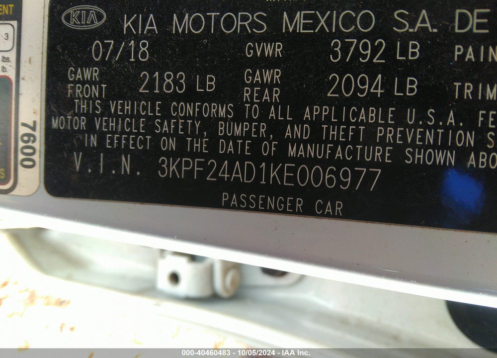 2019 KIA FORTE VIN: 3KPF24AD1KE006977