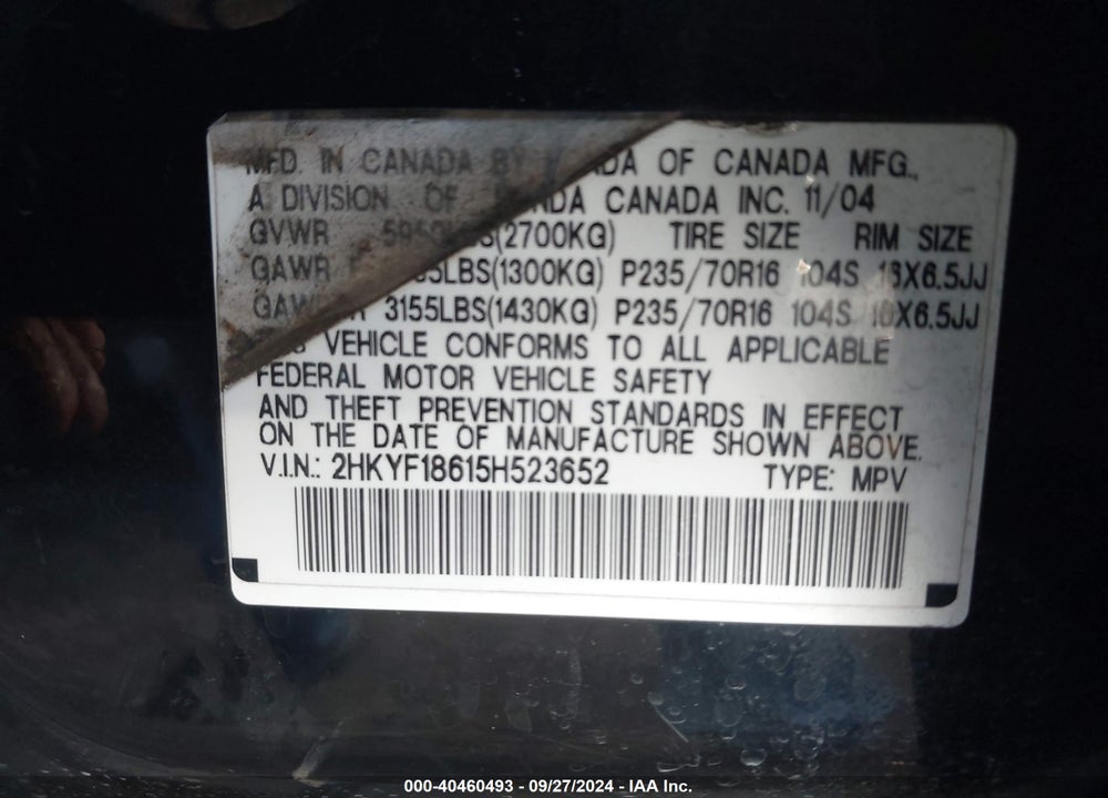 2005 HONDA PILOT EX-L VIN: 2HKYF18615H523652