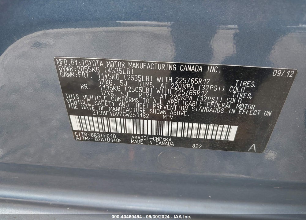 2012 TOYOTA RAV4 VIN: 2T3BF4DV7CW251182