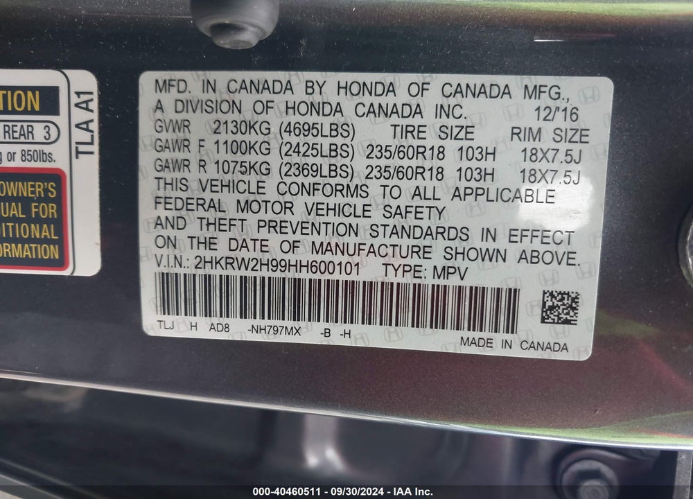 2017 HONDA CR-V TOURING VIN: 2HKRW2H99HH600101