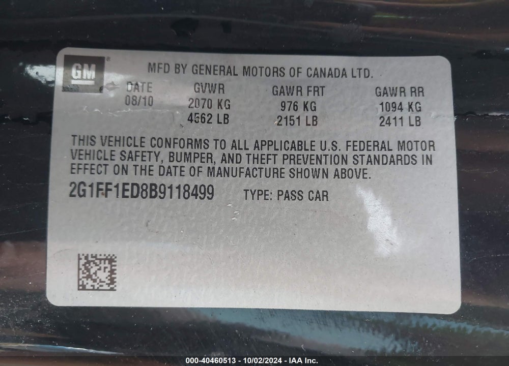 2011 CHEVROLET CAMARO 1LT VIN: 2G1FF1ED8B9118499