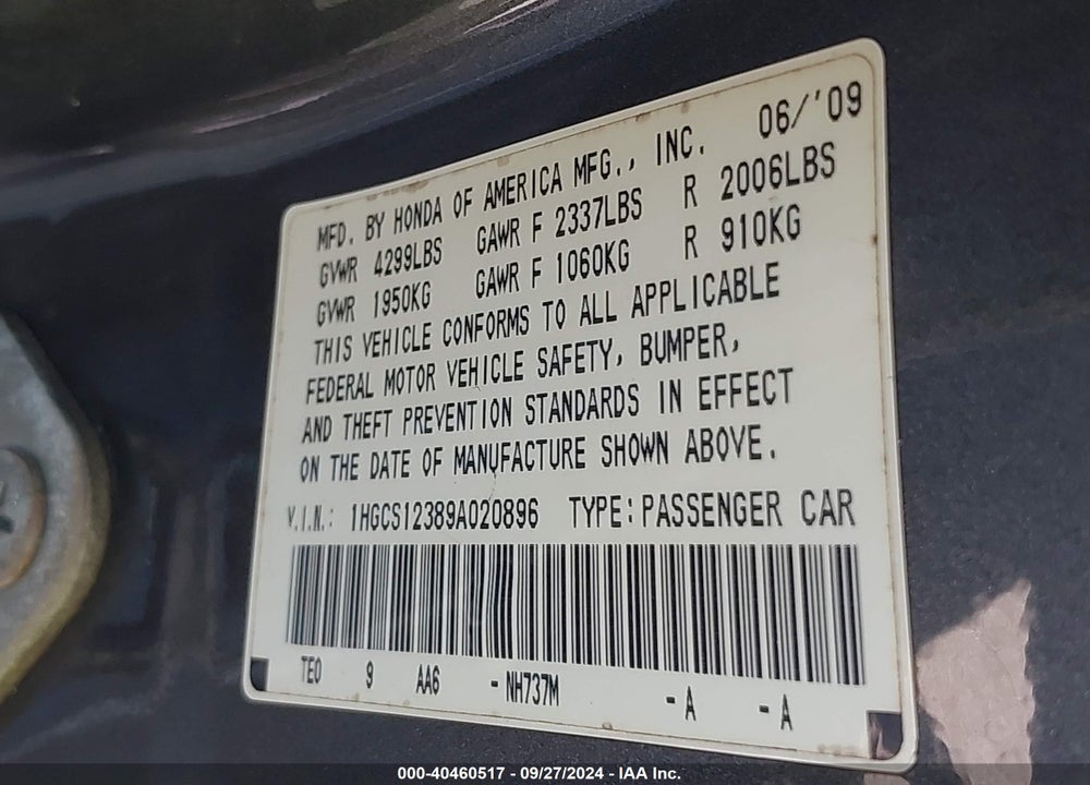 2009 HONDA ACCORD 2.4 LX-S VIN: 1HGCS12389A020896