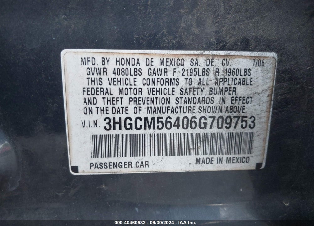 2006 HONDA ACCORD 2.4 LX VIN: 3HGCM56406G709753