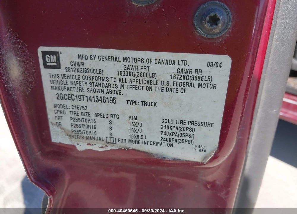 2004 CHEVROLET SILVERADO 1500 LS VIN: 2GCEC19T141346195