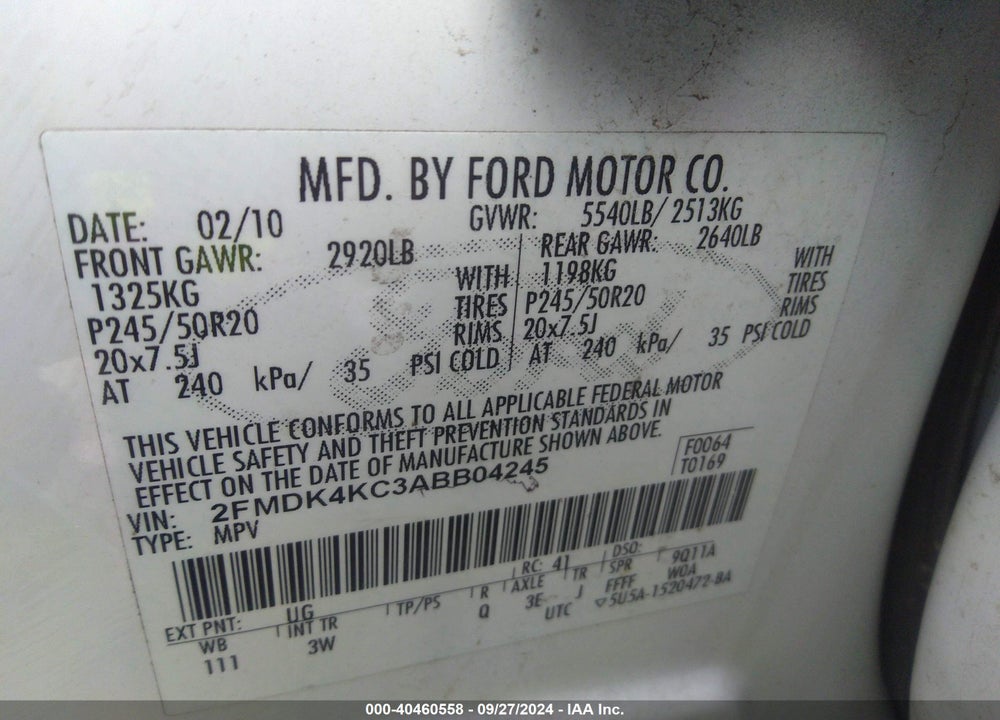 2010 FORD EDGE LIMITED VIN: 2FMDK4KC3ABB04245