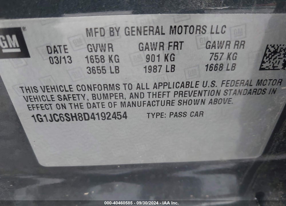 2013 CHEVROLET SONIC LT AUTO VIN: 1G1JC6SH8D4192454