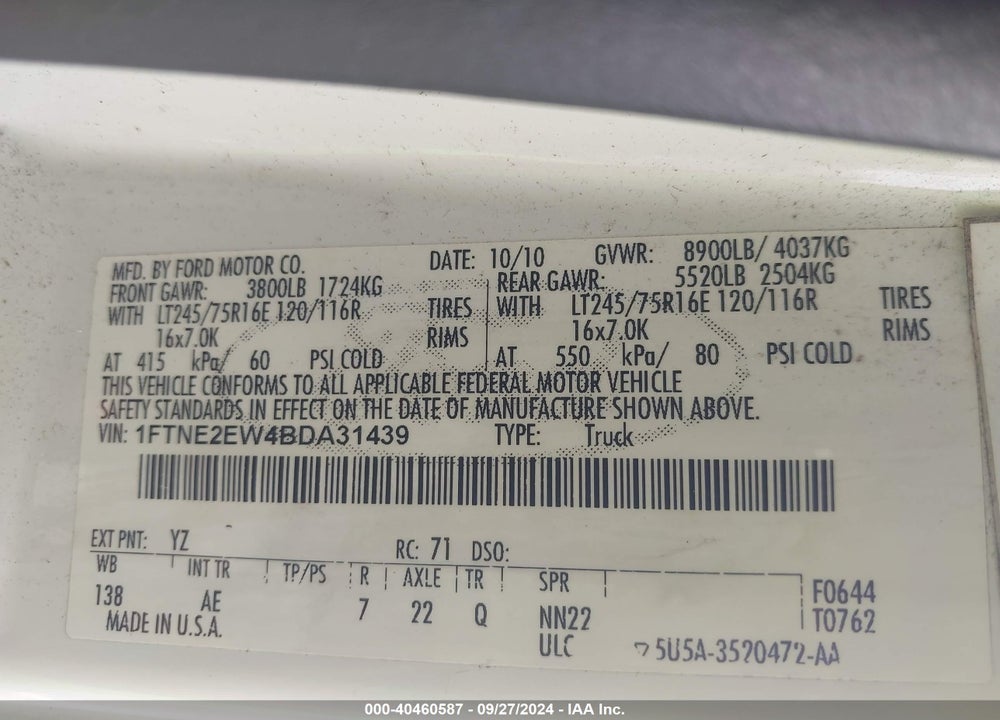 2011 FORD E-250 COMMERCIAL VIN: 1FTNE2EW4BDA31439
