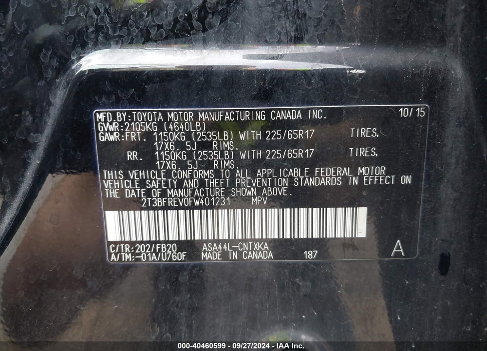 2015 TOYOTA RAV4 LE VIN: 2T3BFREV0FW401231