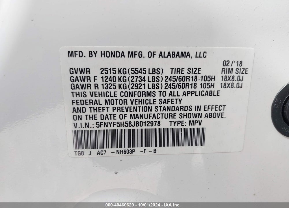2018 HONDA PILOT EX-L VIN: 5FNYF5H58JB012978