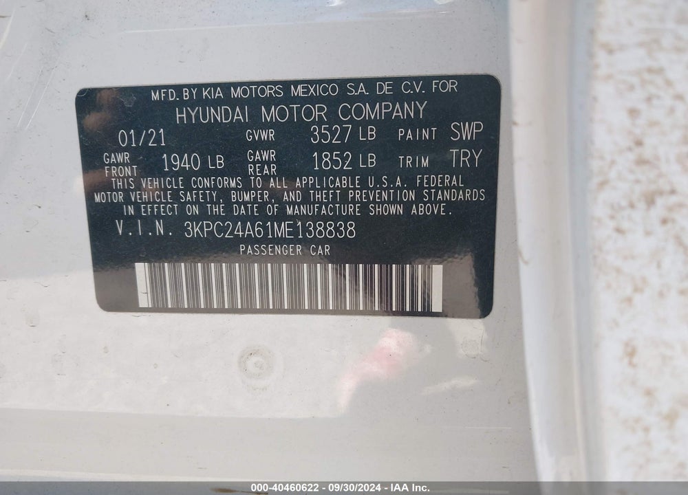 2021 HYUNDAI ACCENT SE VIN: 3KPC24A61ME138838