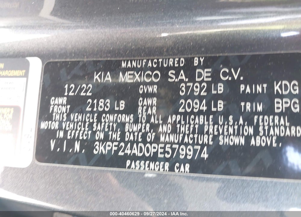 2023 KIA FORTE LXS VIN: 3KPF24AD0PE579974
