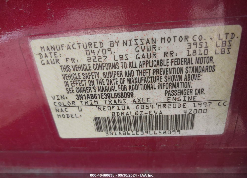 2009 NISSAN SENTRA 2.0 VIN: 3N1AB61E39L658099