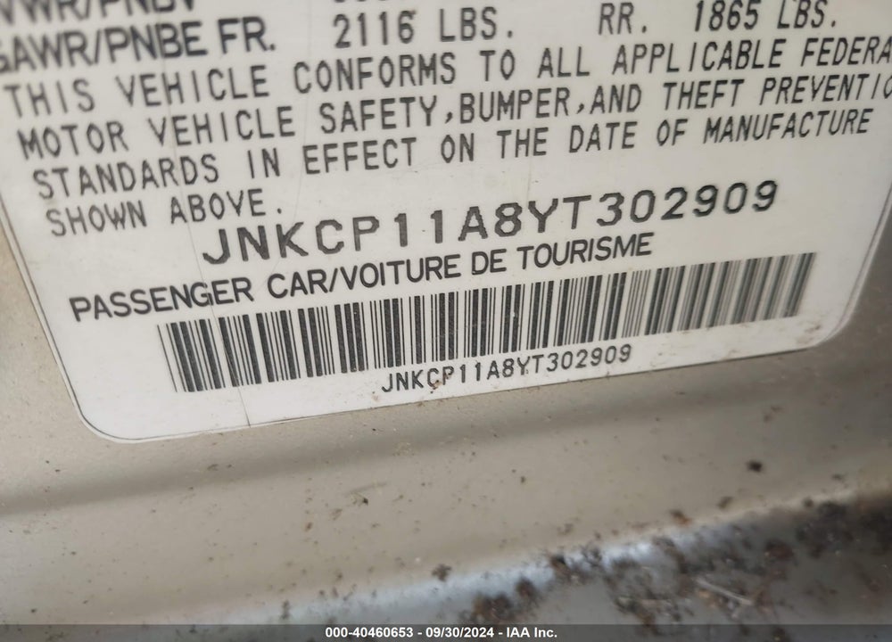 2000 INFINITI G20 LUXURY/TOURING VIN: JNKCP11A8YT302909