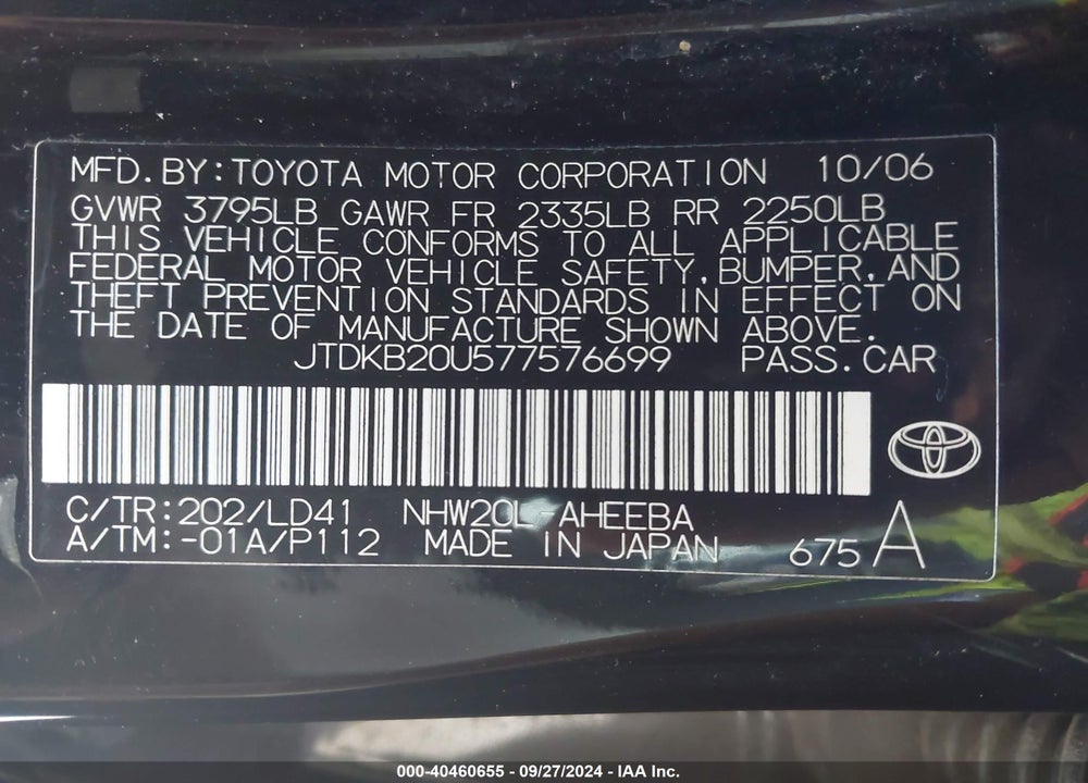2007 TOYOTA PRIUS VIN: JTDKB20U577576699