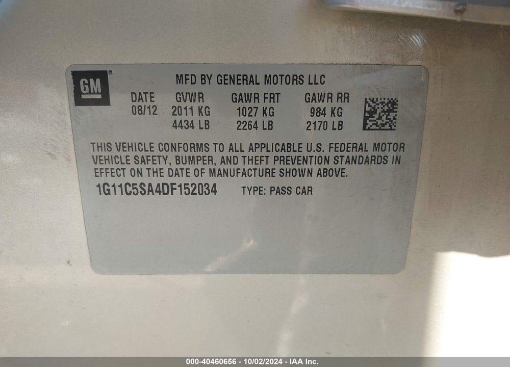 2013 CHEVROLET MALIBU 1LT VIN: 1G11C5SA4DF152034