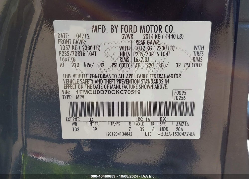 2012 FORD ESCAPE XLT VIN: 1FMCU0D70CKC70519