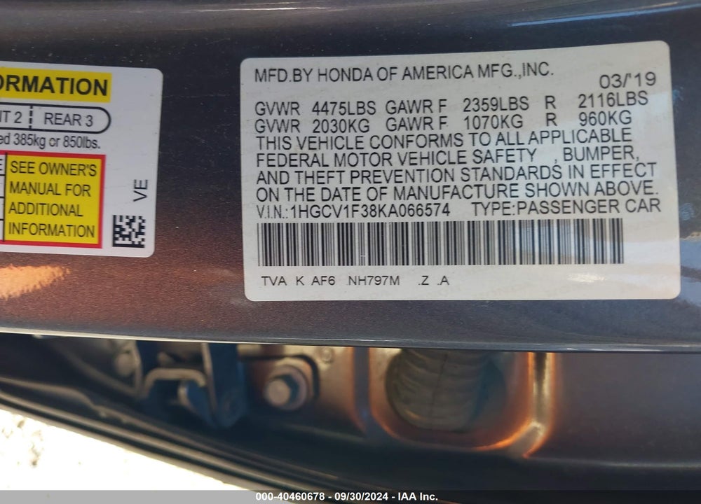 2019 HONDA ACCORD SPORT VIN: 1HGCV1F38KA066574