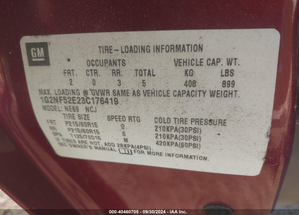 2003 PONTIAC GRAND AM SE1 VIN: 1G2NF52E23C176419