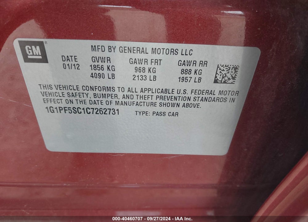 2012 CHEVROLET CRUZE 1LT VIN: 1G1PF5SC1C7262731