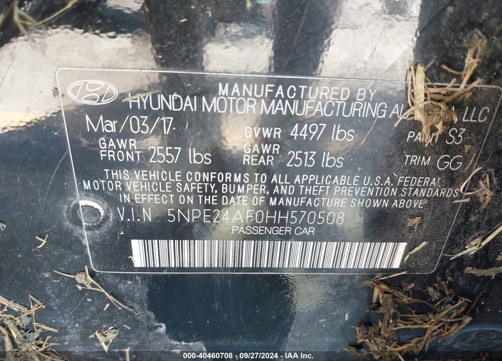 2017 HYUNDAI SONATA VIN: 5NPE24AF0HH570508