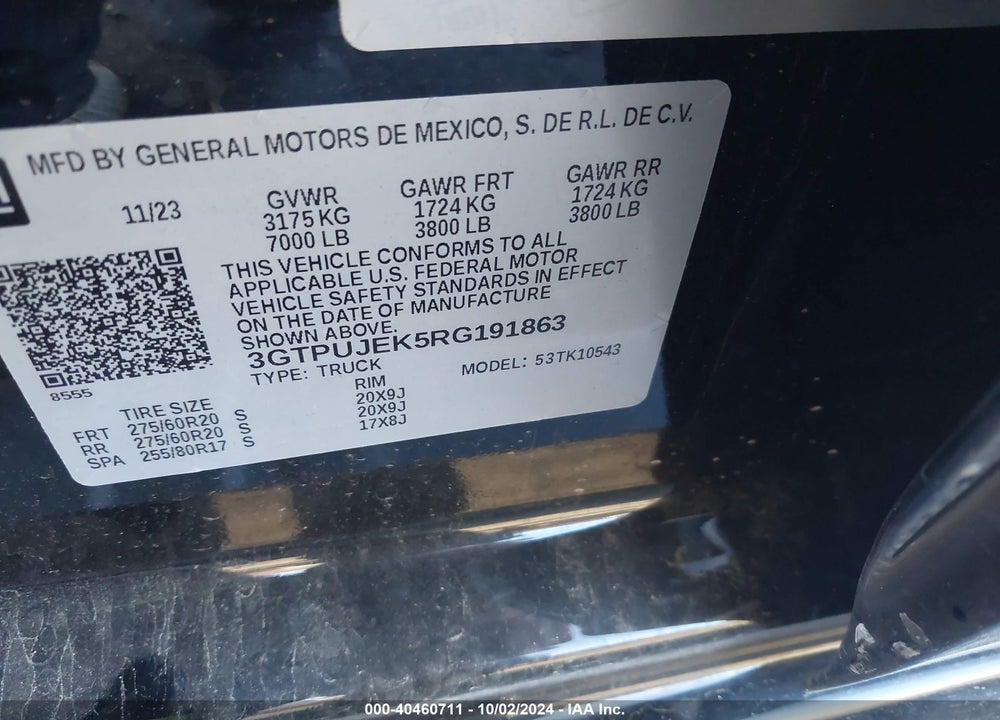 2024 GMC SIERRA 1500 VIN: 3GTPUJEK5RG191863