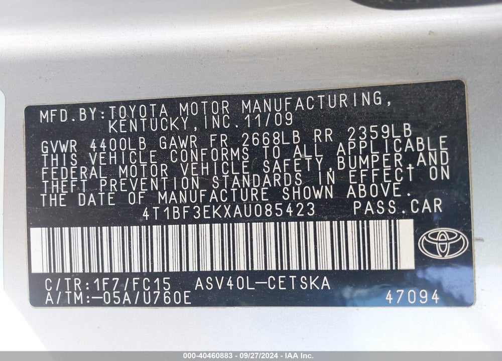 2010 TOYOTA CAMRY SE VIN: 4T1BF3EKXAU085423