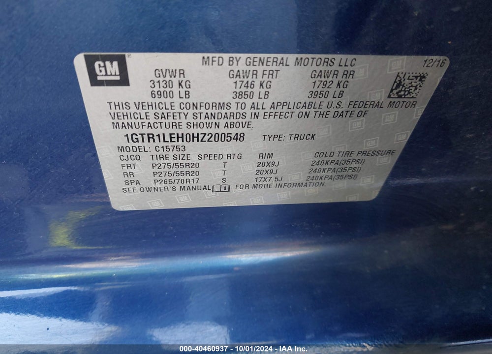 2017 GMC SIERRA 1500 VIN: 1GTR1LEH0HZ200548