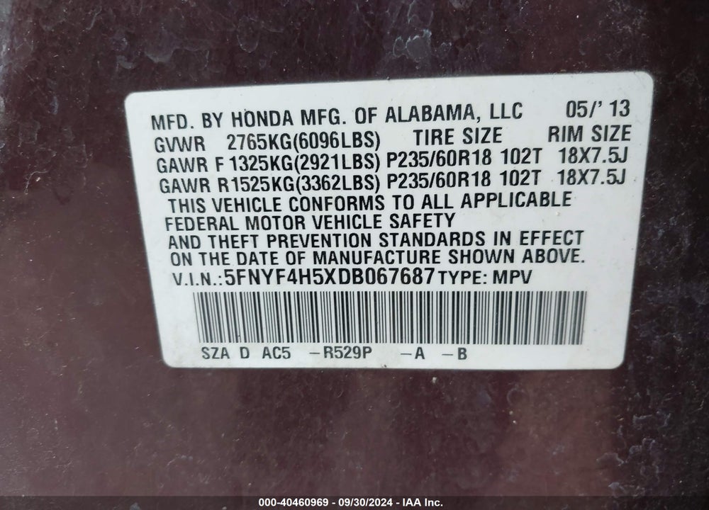 2013 HONDA PILOT EX-L VIN: 5FNYF4H5XDB067687