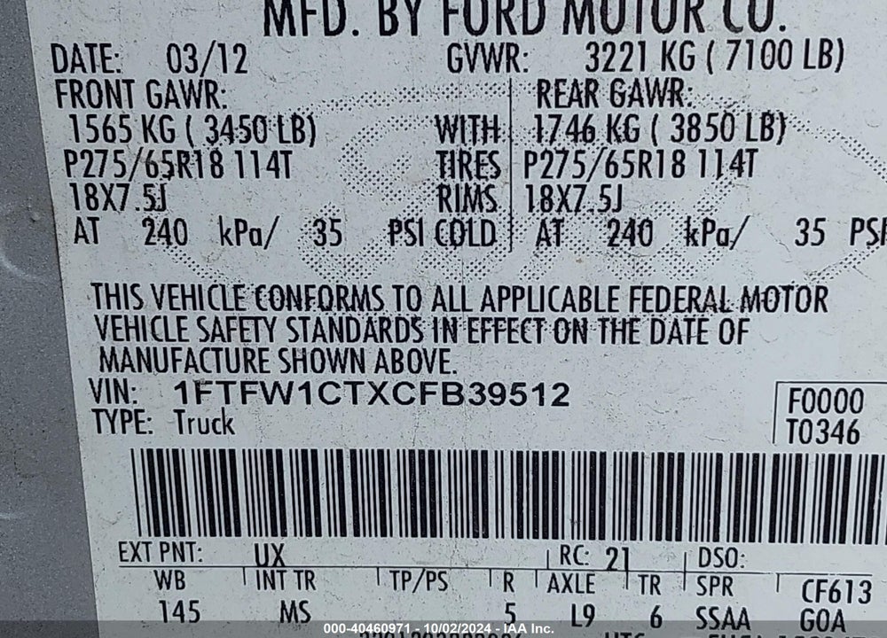 2012 FORD F-150 VIN: 1FTFW1CTXCFB39512
