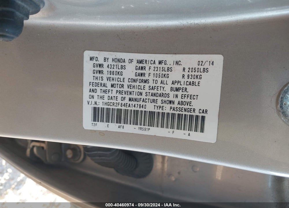 2014 HONDA ACCORD EXL VIN: 1HGCR2F84EA147940