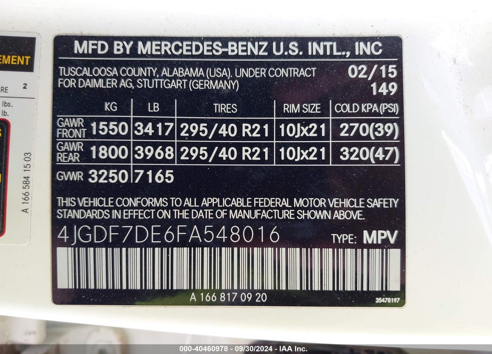 2015 MERCEDES-BENZ GL 550 4MATIC VIN: 4JGDF7DE6FA548016