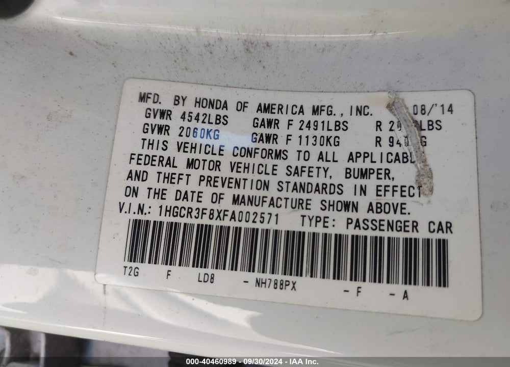2015 HONDA ACCORD VIN: 1HGCR3F8XFA002571