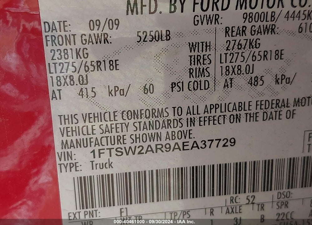 2010 FORD F-250 KING RANCH/LARIAT/XL/XLT VIN: 1FTSW2AR9AEA37729