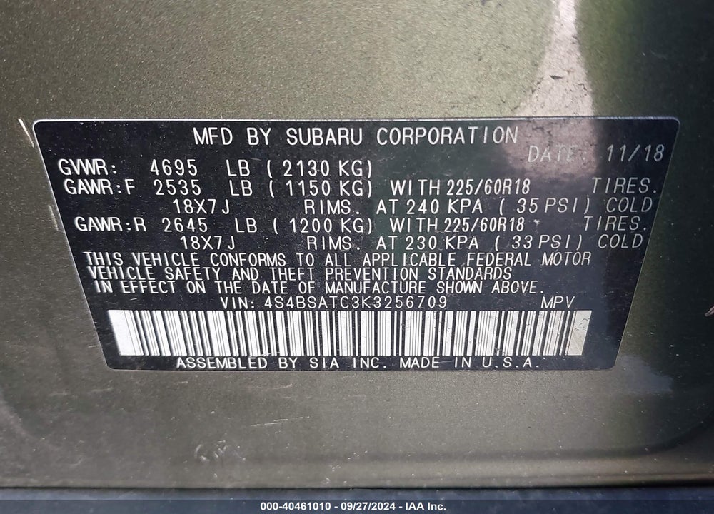 2019 SUBARU OUTBACK 2.5I TOURING VIN: 4S4BSATC3K3256709