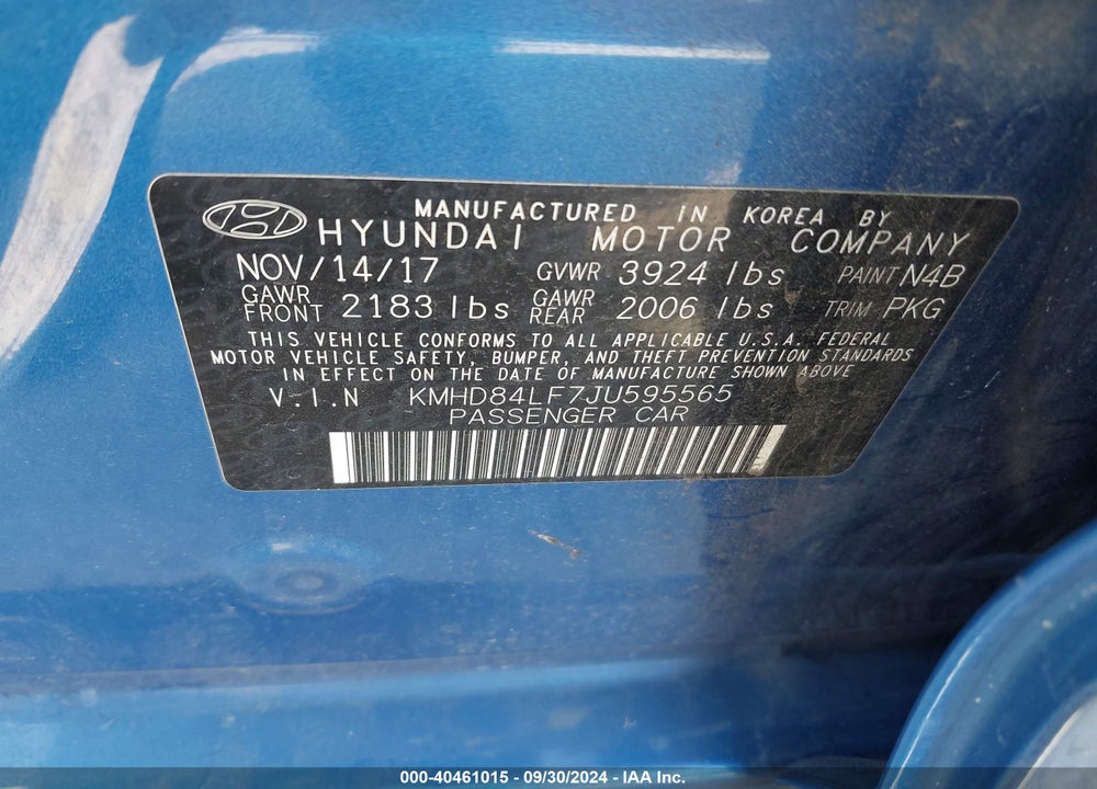 2018 HYUNDAI ELANTRA VIN: KMHD84LF7JU595565